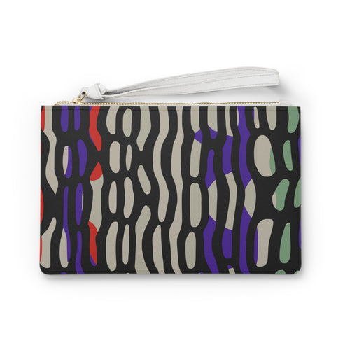 Rectangular wristlet clutch bag with psychedelic black, purple, red, and green pattern. White wrist strap and gold zipper visible